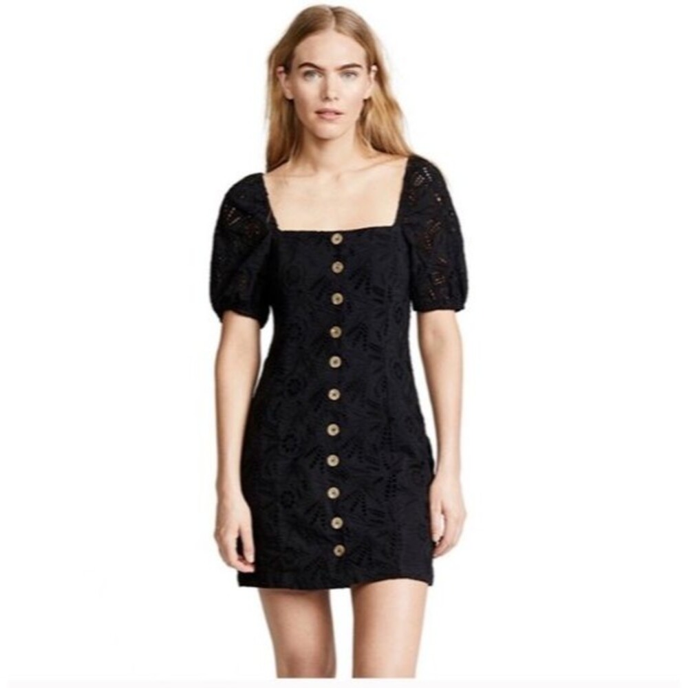 Free People Womens Dress Black Daniella Eyelet Mini Puffed Babydoll Boho Size 8